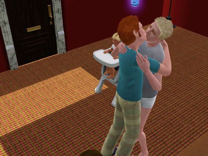 Two male Sims kissing in The Sims 3