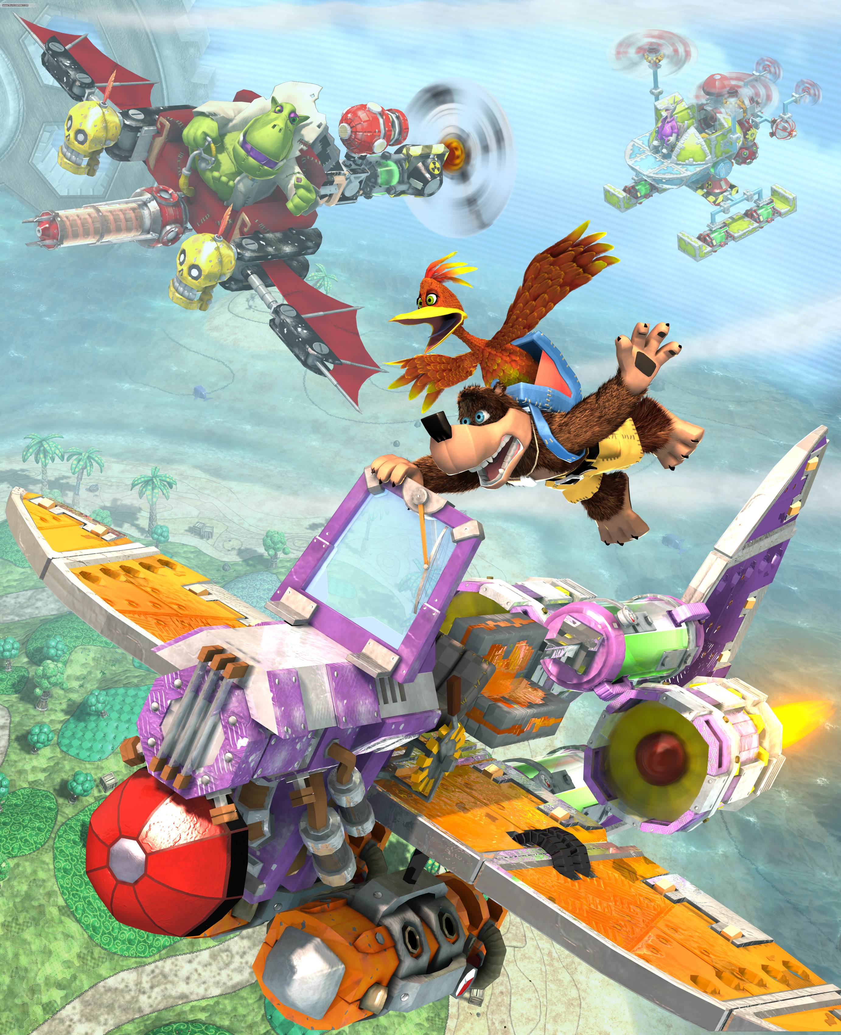 Banjo, Kazooie, Klungo and Mr. Fit in a plane race. This is also the art for the Nuts & Bolts Soundtrack cover.