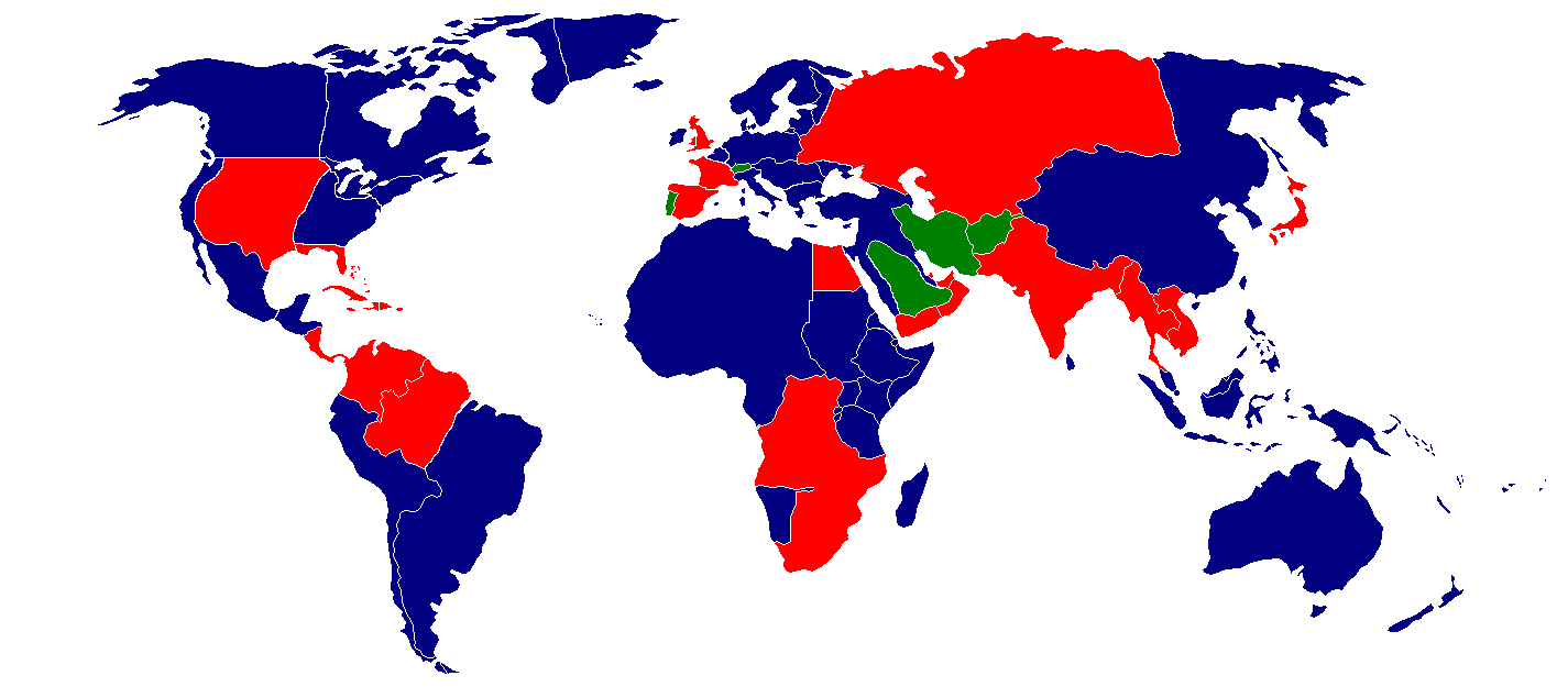 Map of alliances in World War II. Blue is World Powers, Red is United ...