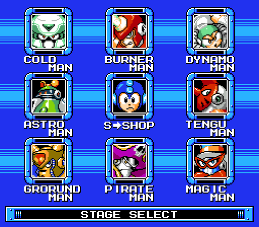 Stage select screen of Mega Man & Bass in 8-bit style