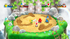 Some Monty Moles dig through the ground and circle Koopa Troopa, Magikoopa, Toad and Shy Guy in the mini-game, Plunder Ground, of Mario Party 9.