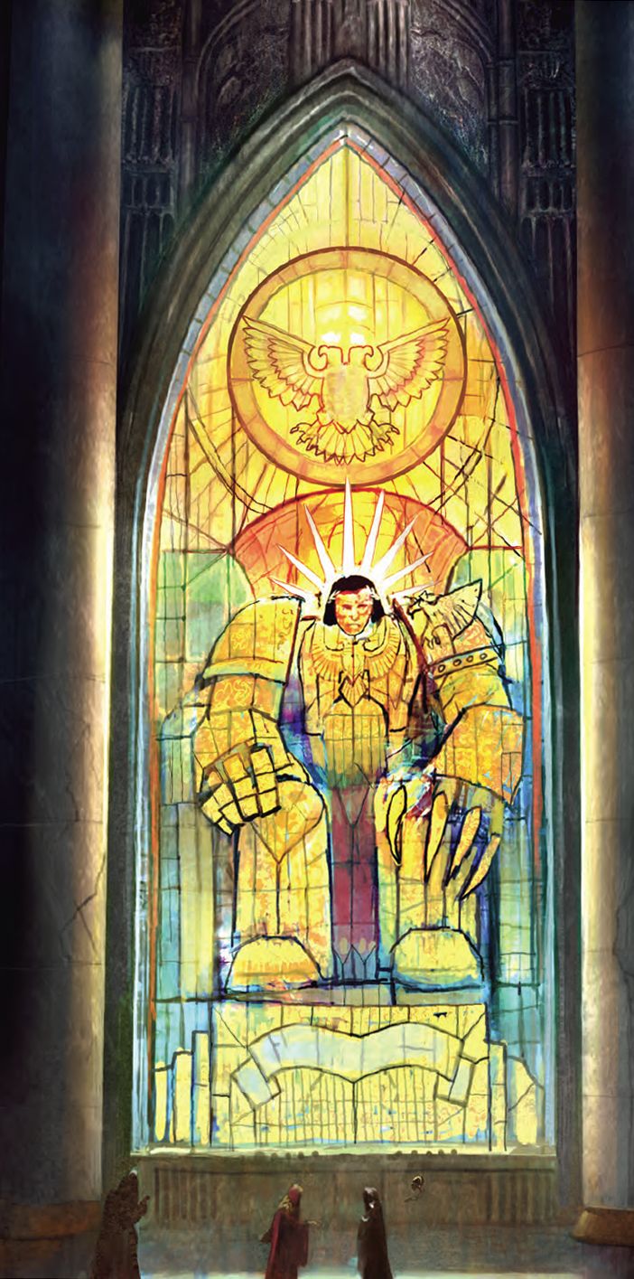 A Chapel on Erioch containing a large devotional stained-glass window of the Emperor of Mankind