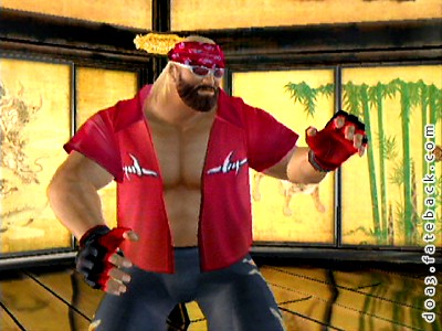 DOA3 Bass C2. Costume 2 - Red bowling shirt with barbwire print. Black pants.