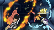Kinemon, Brook, Nami, Usopp y Robin vs Dragón de Vegapunk