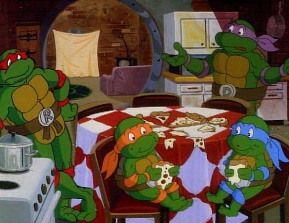 baby ninja turtles eating pizza