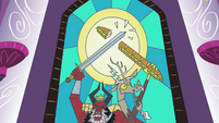 Stained glass window showing Tirek and Discord holding a sword and a sandwich respectively S4E26