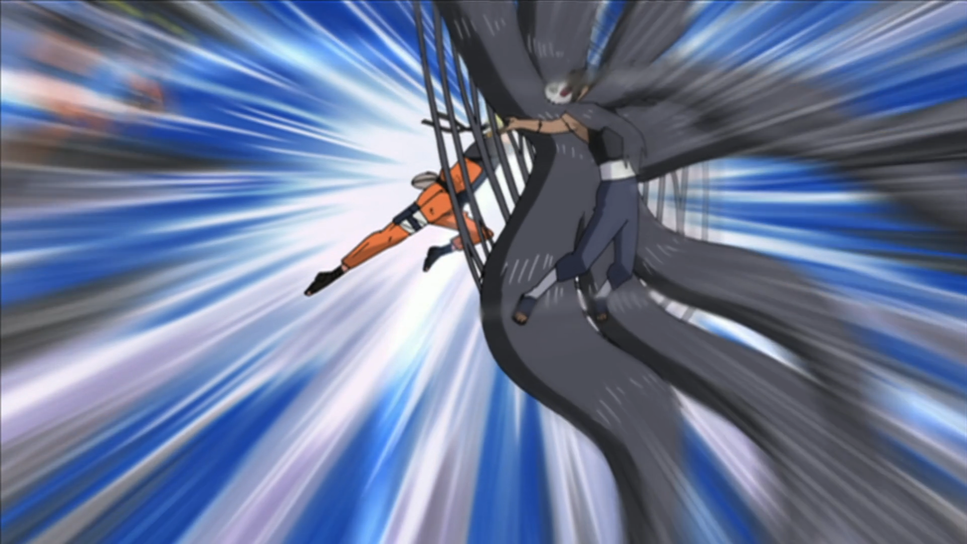 Naruto striking Kakuzu with his Wind Release: Rasenshuriken. 