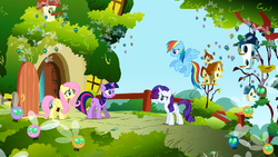 Main ponies at Fluttershy&#039;s cottage looking nervous S1E10