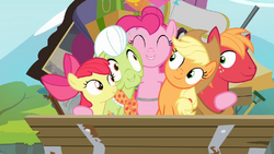 Pinkie Pie hugging all of the Apples S4E09