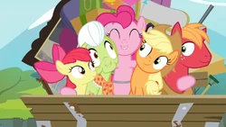 Pinkie Pie hugging all of the Apples S4E09